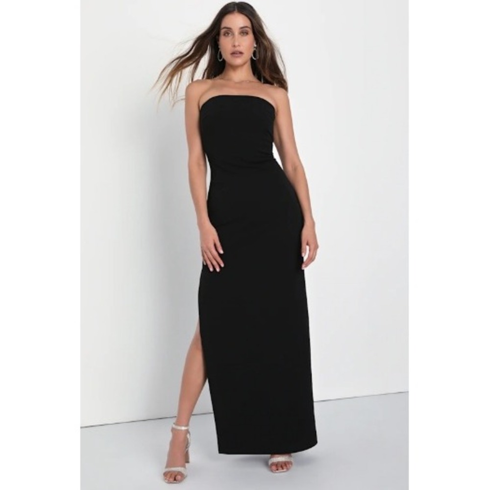 Lulus Black Strapless Column Maxi Dress Chiffon‎ side Slit Size M